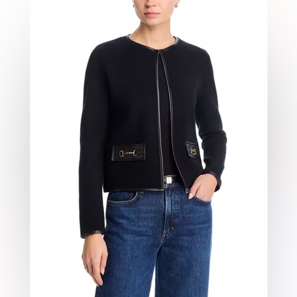 Sioni Faux Leather Trim Blazer Jacket NWT Size Medium Black Gold Accents